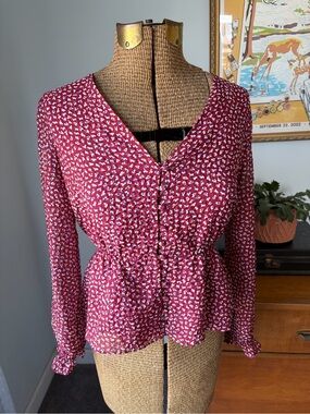 Madewell Burgundy Floral Button-Front Peplum Blouse